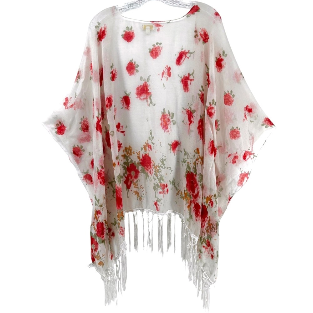 Womens Sheer Floral Kimono Cardigan One Size Boho Fringe Festival Coastal Beachy